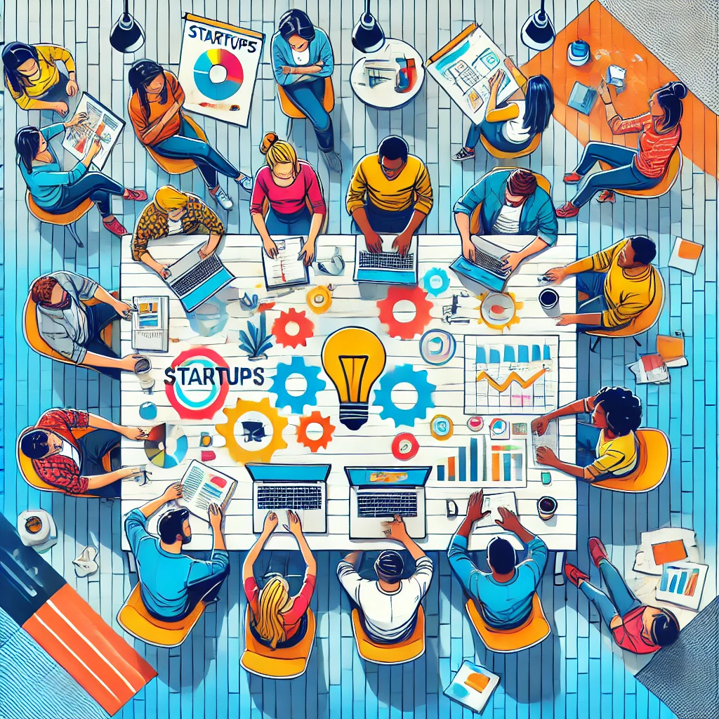 A top-view illustration of a group of diverse people actively learning about startups and innovation. They are gathered around a large table with lapt