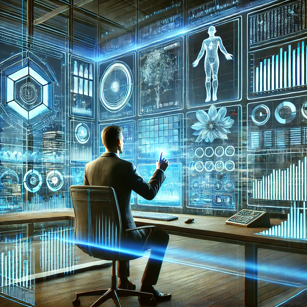 A futuristic digital illustration of a data analyst working at a high-tech workstation with multiple holographic screens displaying data visualizations, charts, and predictive analytics. The background features a modern office, emphasizing technology, AI-driven insights, and data-driven decision-making, illuminated with blue and neon elements.