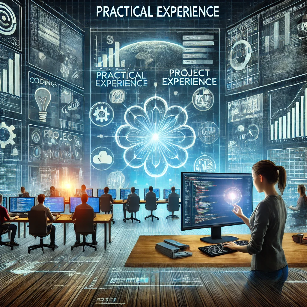 A futuristic digital illustration showcasing practical experience for career growth. A professional collaborates on real-world projects in a high-tech workspace, surrounded by multiple screens displaying coding, data analytics, and project workflows. The background features a modern office with AI-powered tools and automation, symbolizing hands-on learning and career advancement. The scene conveys expertise, confidence, and professional growth in a fast-evolving industry.