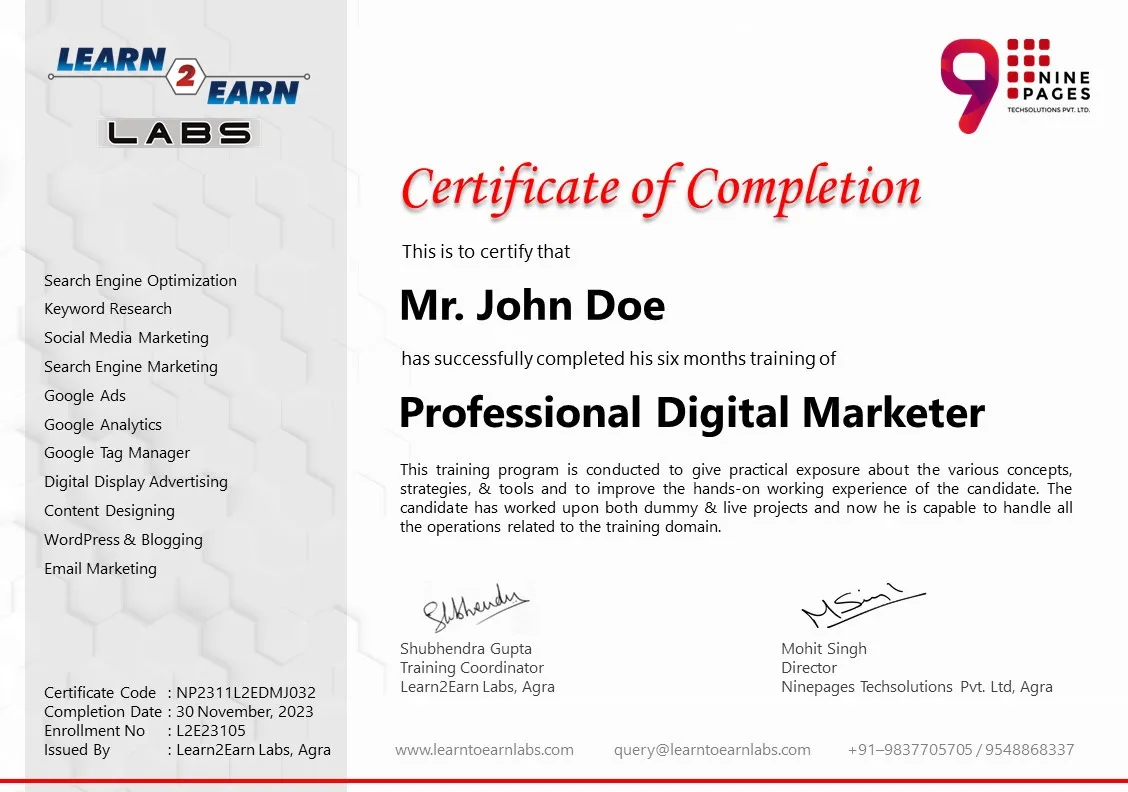 Digital Marketing Course Certificate by Learn2Earn Labs