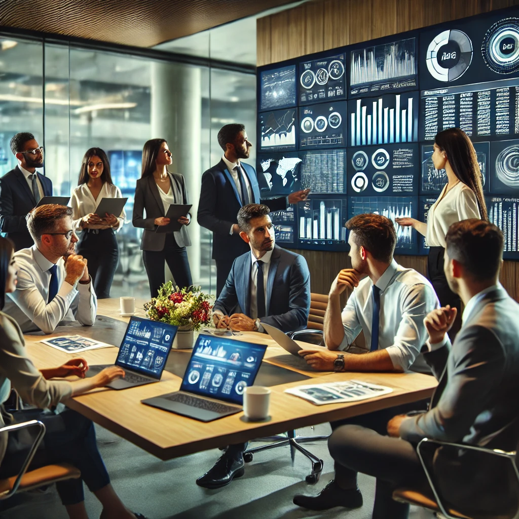 A group of Indian professionals in a corporate office engaged in a discussion about Business Intelligence and Analysis. They are gathered around