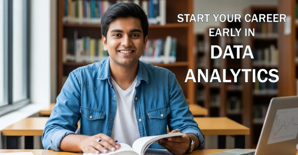 Student studying data analytics in library