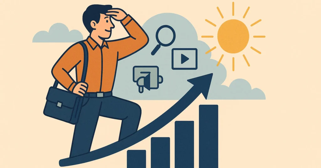 Illustration of a confident digital marketer standing on a rising graph with digital marketing icons and a bright sun, symbolizing career growth and opportunities