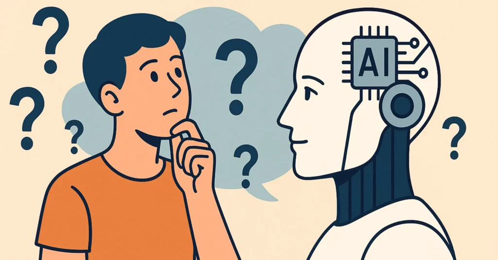 Illustration of a human thinking with question marks around, facing an AI robot with circuits in its head, symbolizing curiosity and questioning with AI