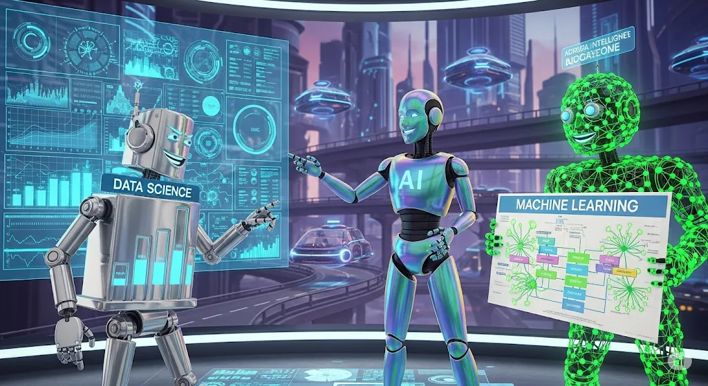 Three robots discussing on data science, artificial intelligence and machine learning
