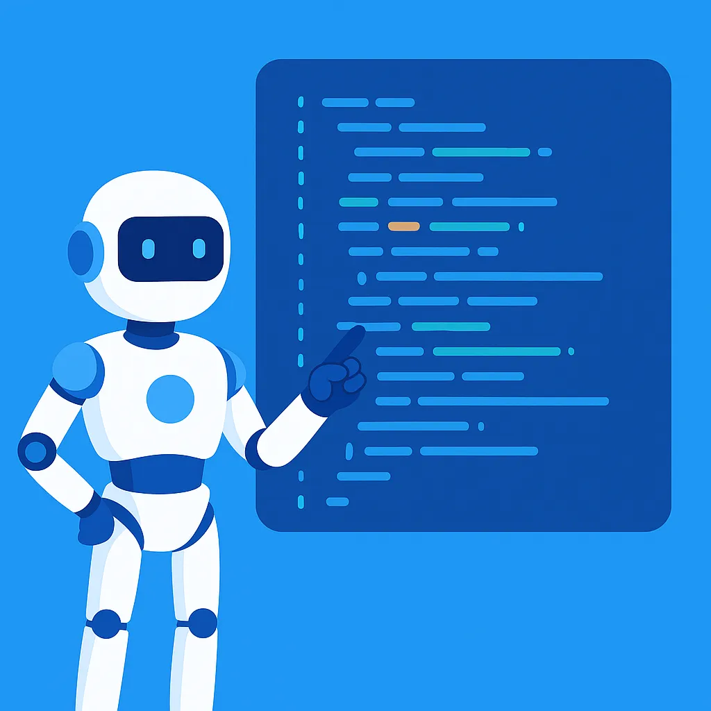 A humanoid robot with blue accents pointing at a digital board displaying colorful programming code on a blue background.