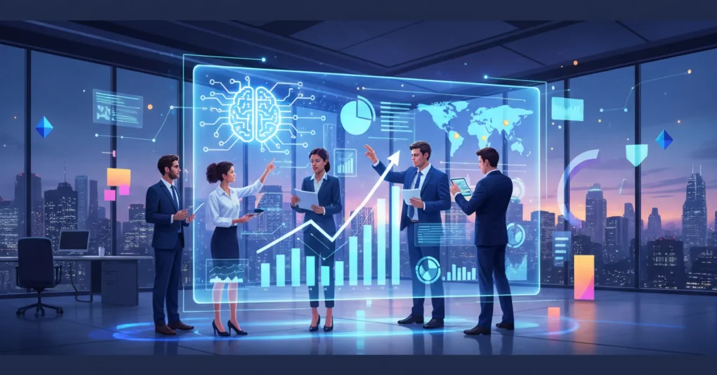 Illustration showing business professionals analysing data charts with AI technology for strategic growth planning