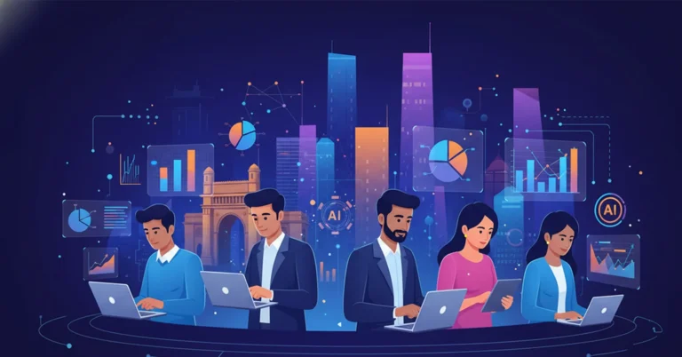 Vector illustration showing Indian professionals working on laptops with digital dashboards, AI icons, and data charts in the background. The skyline of Mumbai symbolizes India’s growing role in technology and analytics. The image represents how data analytics and AI are reshaping job opportunities and the modern workforce in India.
