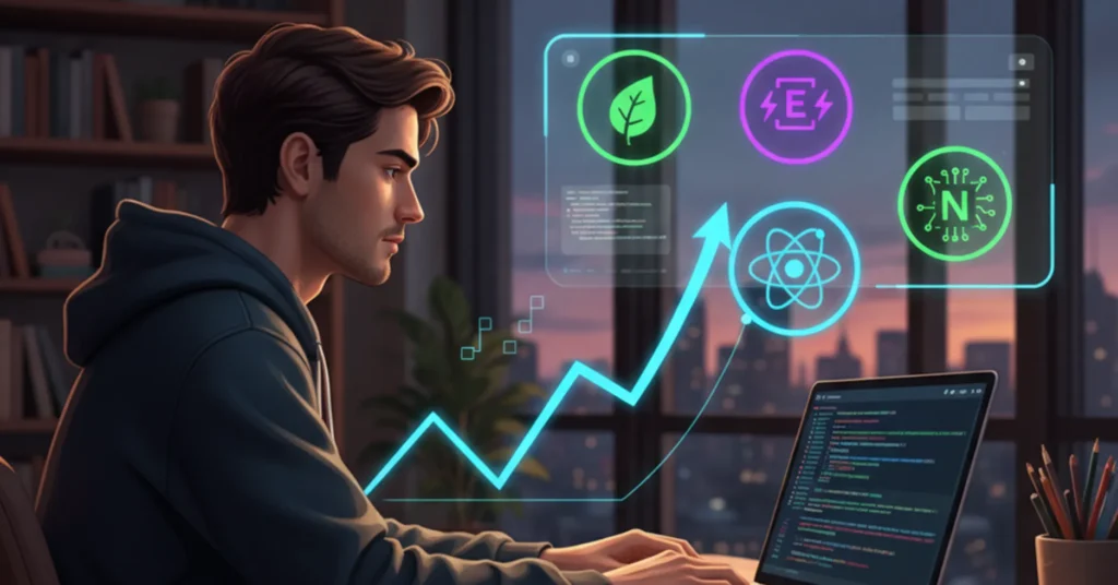 Illustration of a web developer learning MERN stack technologies — MongoDB, Express, React, and Node.js — with laptop, code screens, and growth chart in the background.