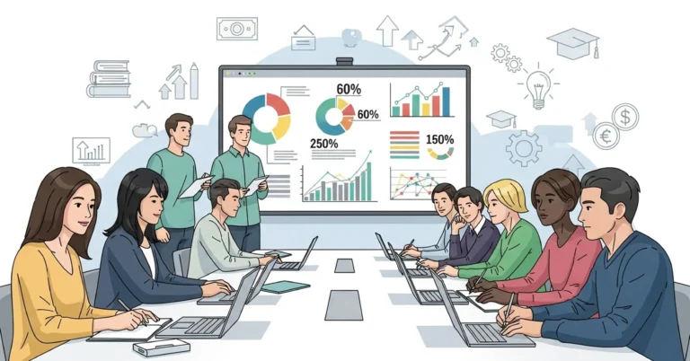 Vector illustration of students in a workshop with growth charts on screen.