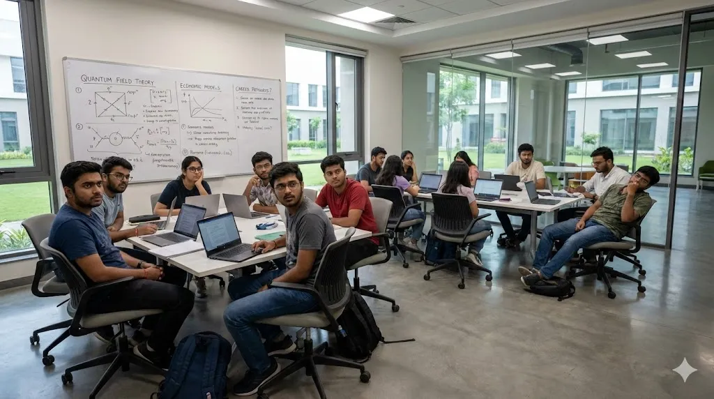 University students in an Indian private college classroom reflecting challenges like career confusion, curriculum–industry gap, and employability readiness