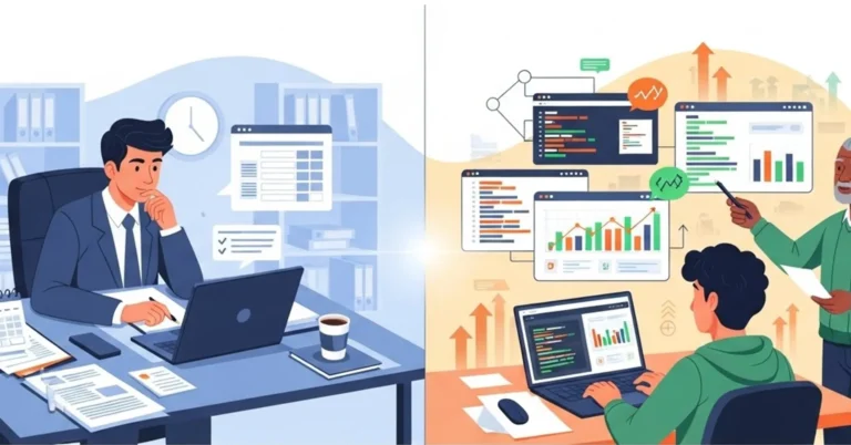 Illustration of college students evaluating the difference between internships and job-ready training, showing work tasks on one side and skill-based learning on the other.