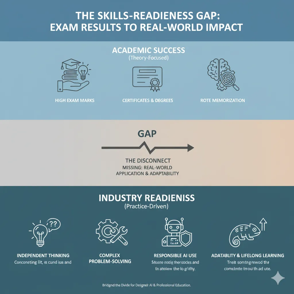 Infographic showing how exam-based education creates a gap between marks and real-world skills