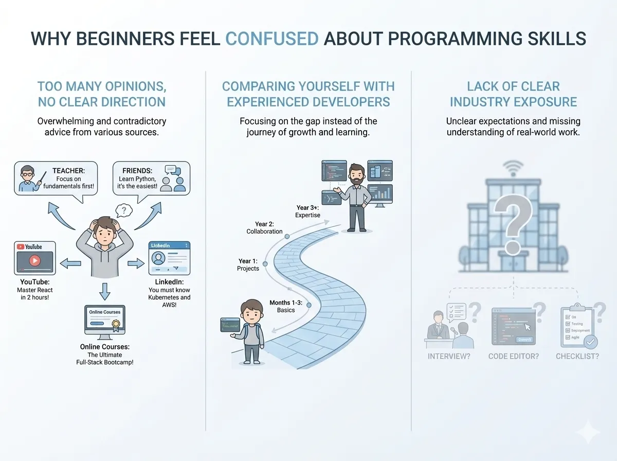 Infographic showing common reasons beginners feel confused about programming skills and job requirements