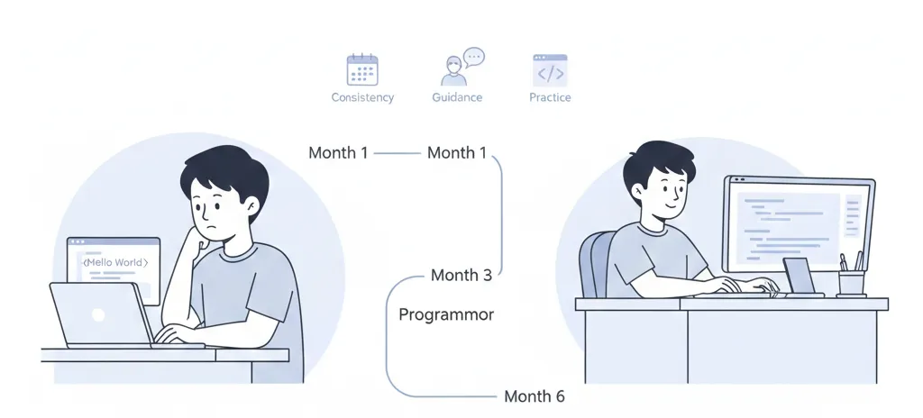 Programming learning timeline showing how beginners become job ready through consistent practice and guidance