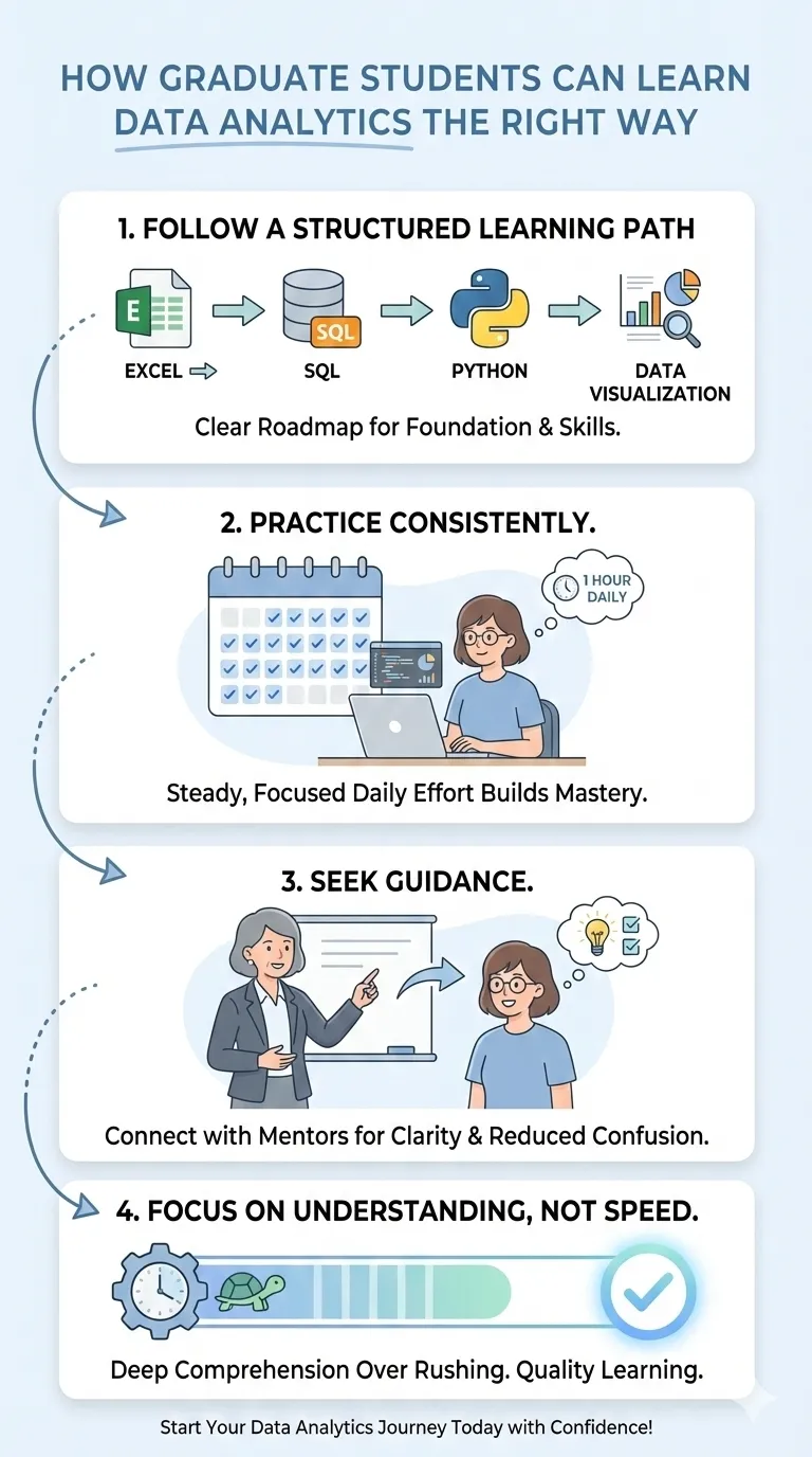 Vertical infographic showing the right way for graduate students to learn data analytics through structured learning, consistent practice, mentorship, and clear understanding