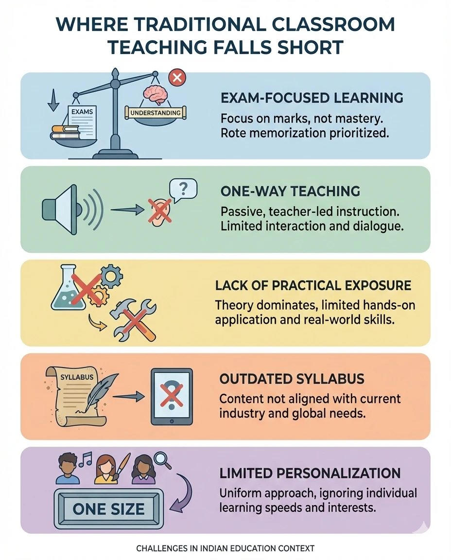 Infographic showing limitations of traditional classroom teaching in India, including exam focus, one-way learning, and lack of practical skills.