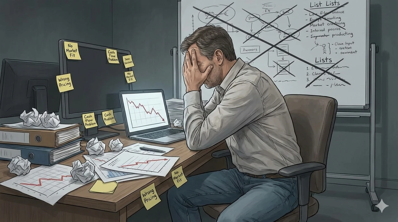 A startup founder facing business problems such as poor market understanding, cash flow issues, and lack of guidance