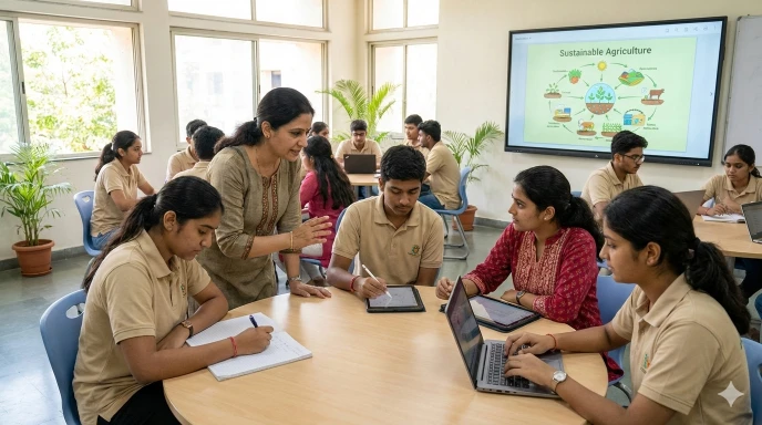 Modern Indian classroom combining traditional teaching with digital learning methods to show the evolution of classroom education in India.