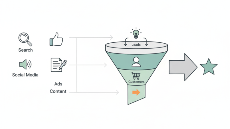Illustration showing a digital marketing funnel from traffic generation to customer conversion