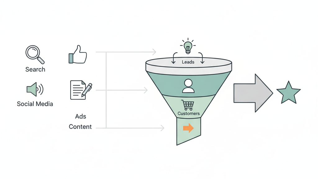 Illustration showing a digital marketing funnel from traffic generation to customer conversion