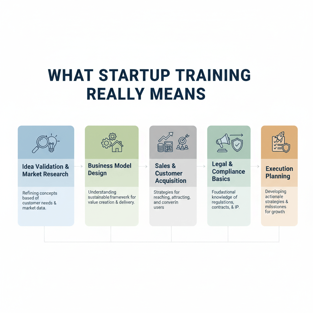 An infographic showing key components of startup training such as idea validation, business models, finance, sales, legal basics, and execution planning