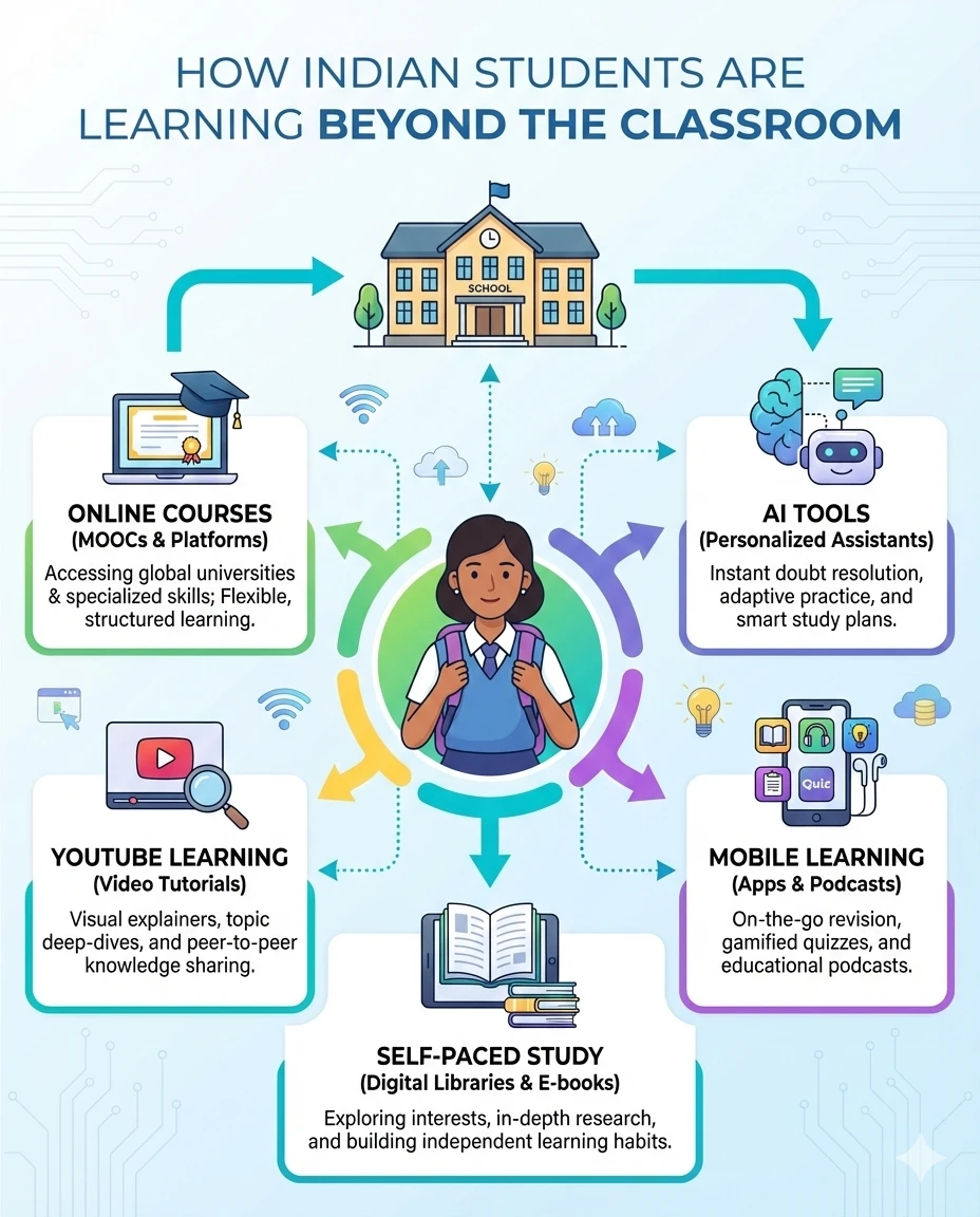 Infographic explaining how Indian students use online platforms, digital tools, and AI for learning beyond traditional classrooms.