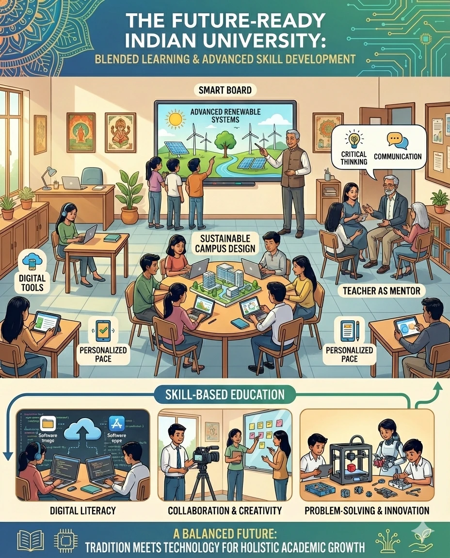 Infographic depicting an upgraded Indian classroom with blended learning, digital tools, and skill-focused education.