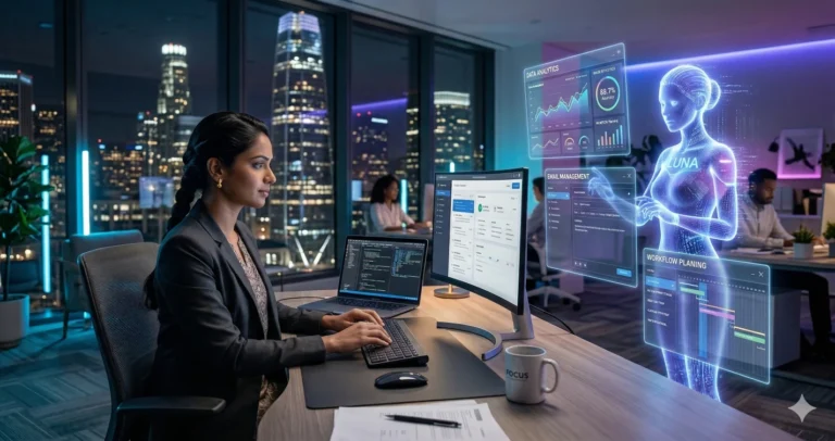 A professional working at a desk with a futuristic AI hologram assistant autonomously managing tasks on digital screens, representing agentic AI and autonomous systems.