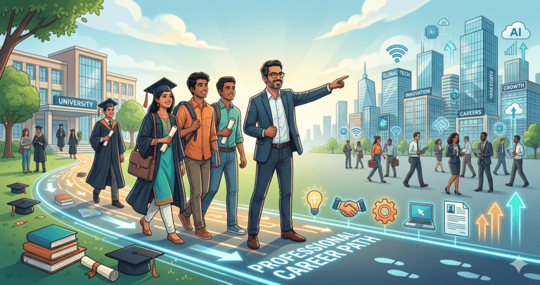 Illustration showing a mentor guiding Indian students from university education toward career opportunities, representing mentorship bridging the education and employment gap.