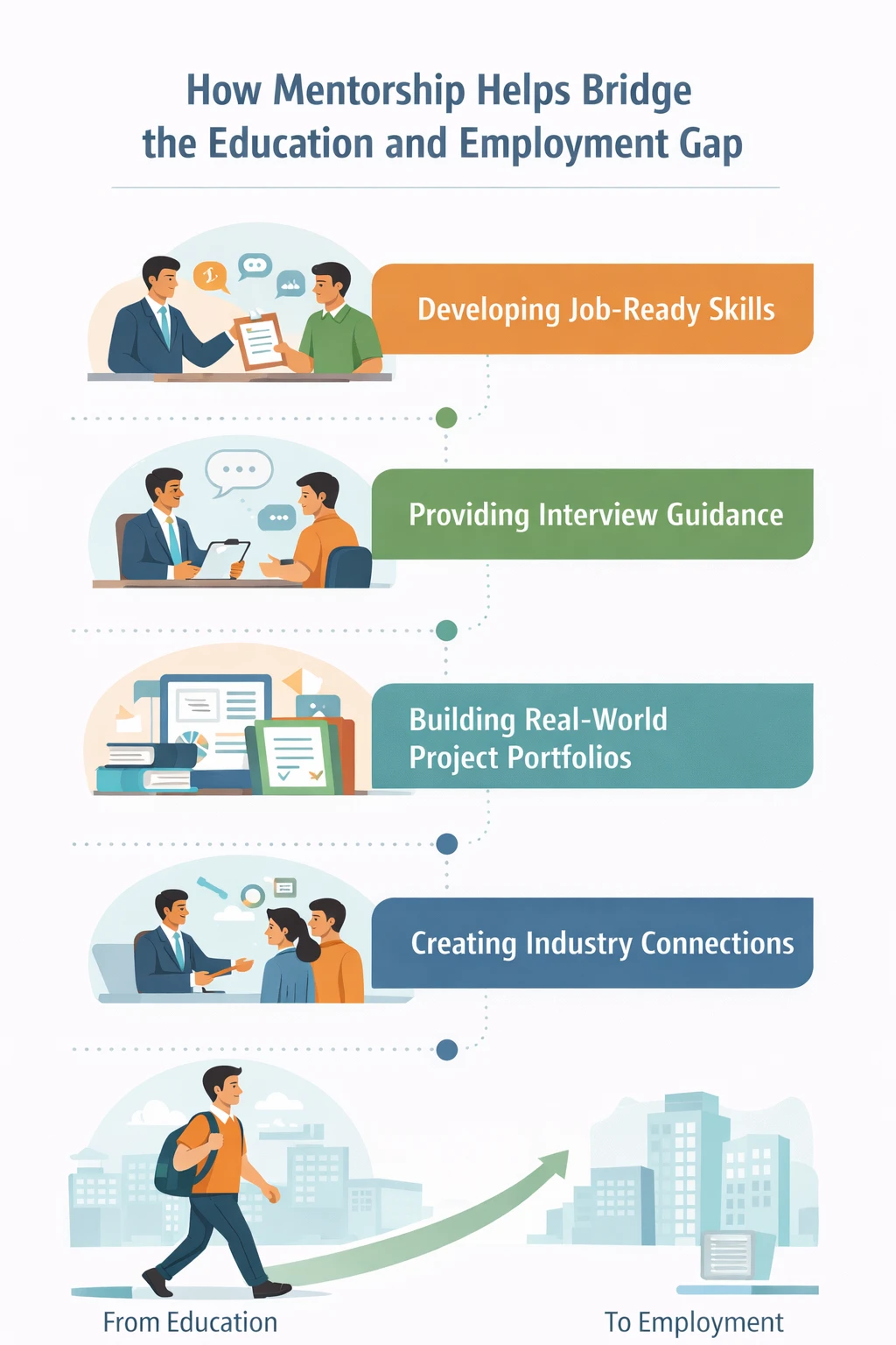 Vertical infographic illustrating how mentorship helps students bridge the gap between education and employment through job-ready skills, interview guidance, project portfolios, and industry connections.