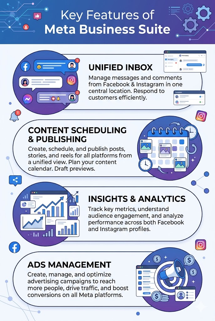 Vertical infographic explaining why businesses need Meta Business Suite, highlighting customer communication, content management, marketing analytics, fast responses, and data-driven decisions.