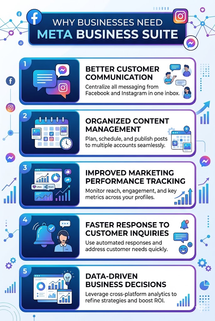 Vertical infographic explaining how Meta Business Suite supports business development through customer engagement, brand visibility, marketing analytics, and lead generation.