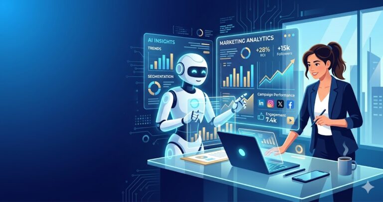 A human marketer and a friendly AI robot working side by side at a sleek workspace with a holographic marketing dashboard, representing the AI impact on digital marketing jobs and the future of marketing careers.