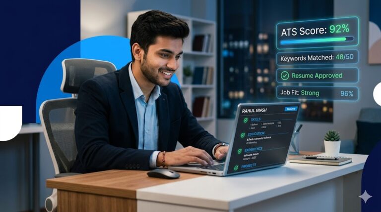 A college student reviewing an ATS-friendly resume on a laptop screen showing a high ATS score, representing ATS resume tips for freshers to avoid CV rejection.