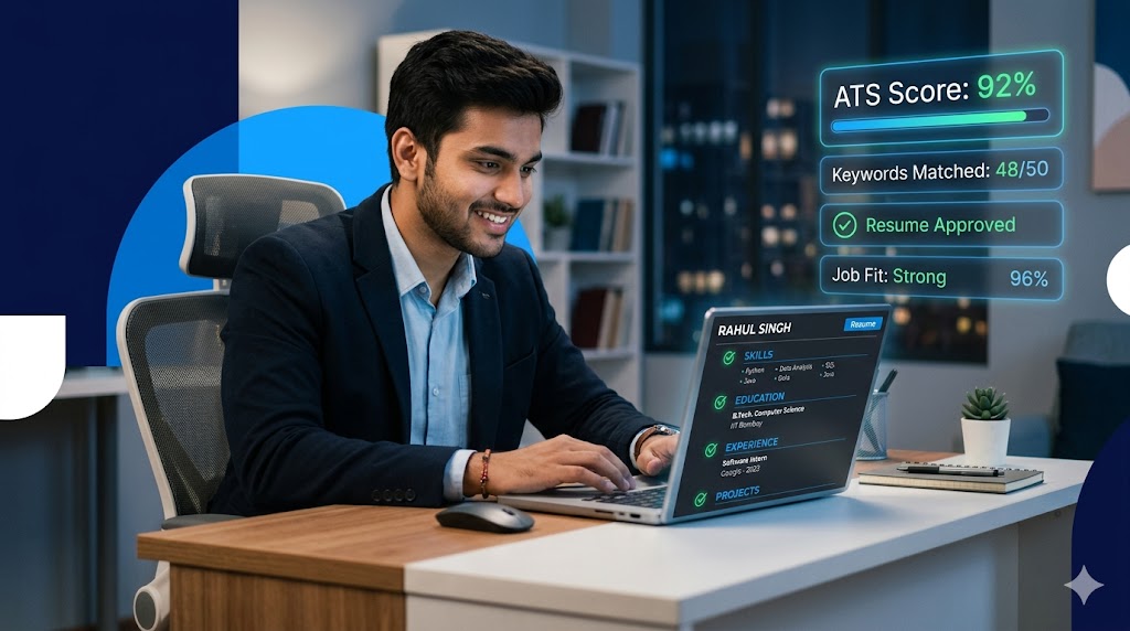 A college student reviewing an ATS-friendly resume on a laptop screen showing a high ATS score, representing ATS resume tips for freshers to avoid CV rejection.