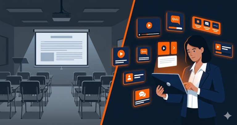 A split illustration contrasting a traditional classroom with a modern microlearning experience on a digital device, representing the shift to bite-sized corporate training