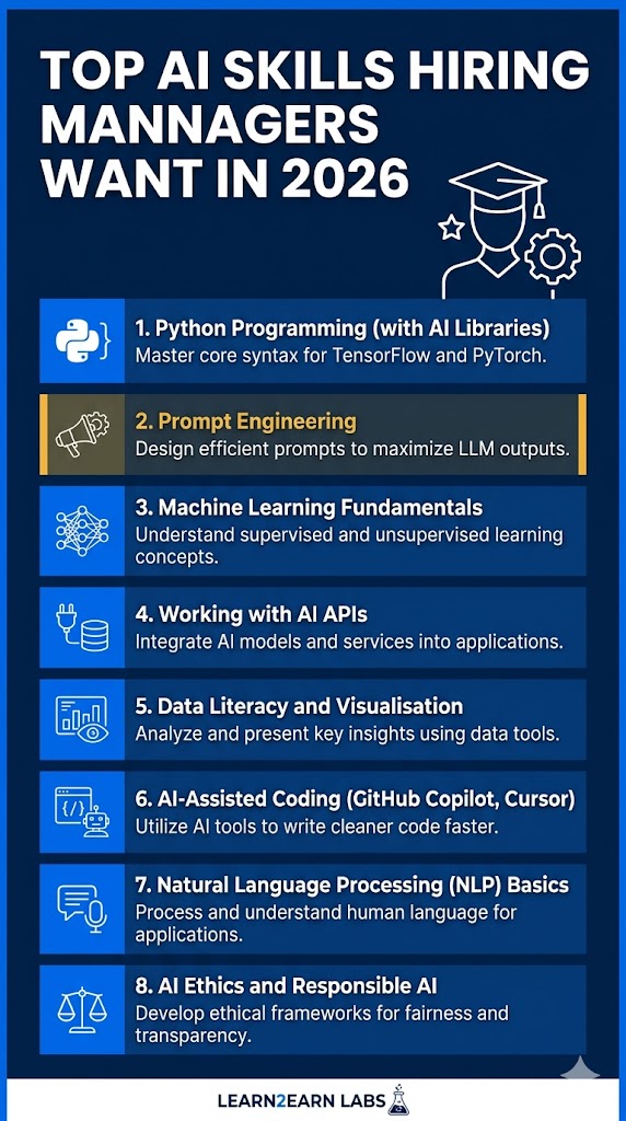 Vertical infographic showing top 8 AI skills hiring managers want in 2026 for college students