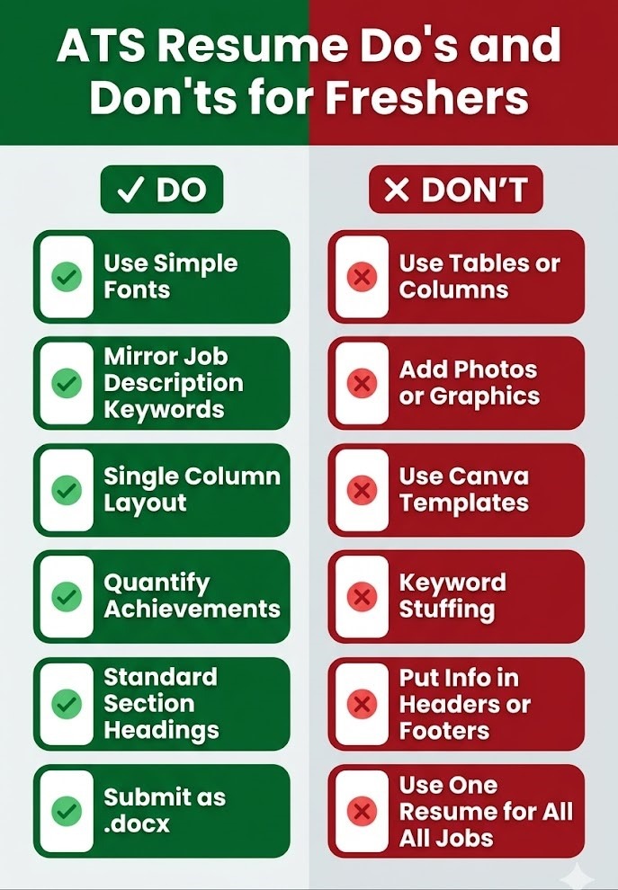 Vertical infographic comparing ATS resume do's and don'ts for 
freshers in a two-column green and red layout, covering formatting, 
keywords, file type, and resume structure tips.