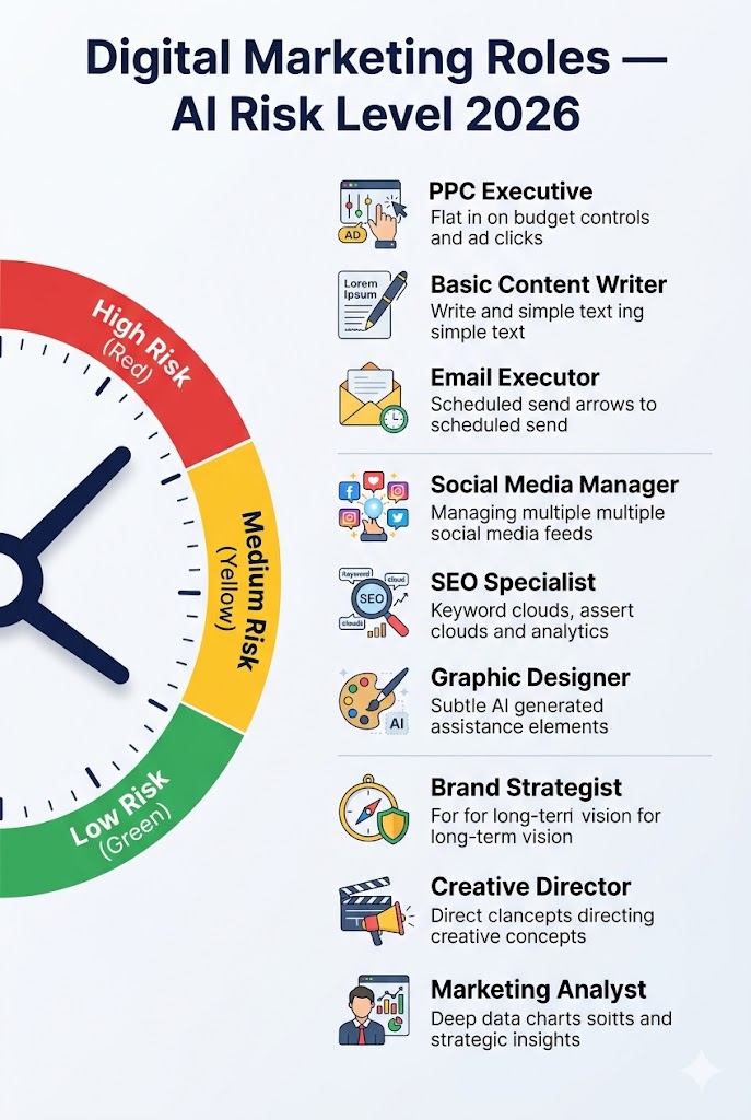 An infographic showing digital marketing roles sorted by AI risk level in 2026, with PPC and basic content writing at high risk, SEO and social media at medium risk, and brand strategy at low risk.