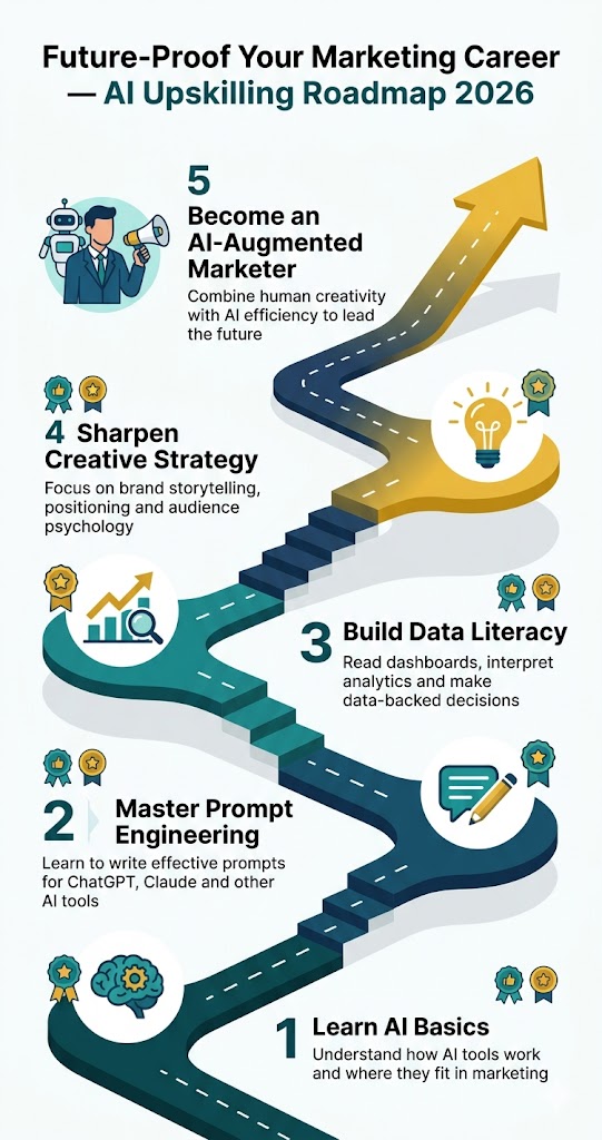 A five-step upskilling roadmap infographic for digital marketers showing how to future-proof their career with AI, starting from learning AI basics to becoming a fully AI-augmented marketer in 2026.