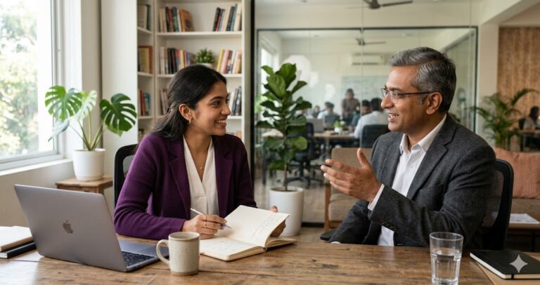 A graduate student asking questions to a mentor during their first mentorship meeting