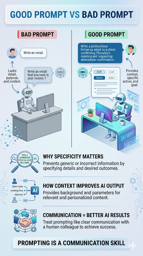 Infographic comparing vague AI prompts with clear professional prompts to show how communication improves AI results