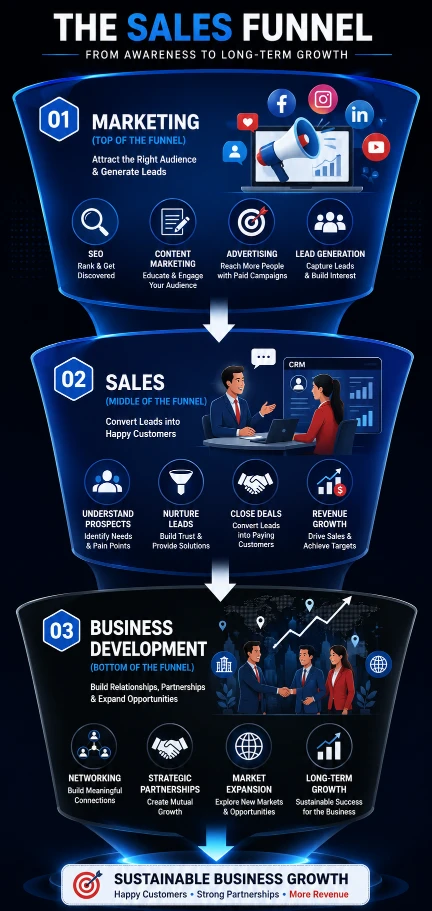 Vertical sales funnel diagram showing how marketing generates leads, sales converts customers, and business development drives long-term growth.