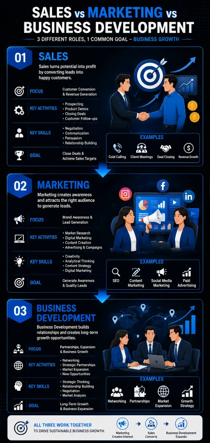 Vertical infographic comparing sales, marketing, and business development roles, goals, skills, and business functions.