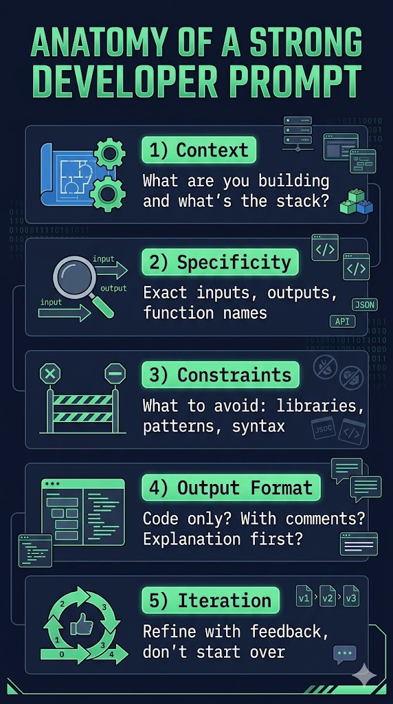 Infographic showing the 5 core elements of an effective developer prompt: context, specificity, constraints, output format, and iteration