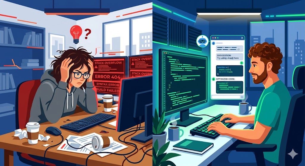 Split illustration showing two developers — one struggling with error screens and failed builds, the other working efficiently with an AI assistant suggesting optimized code
