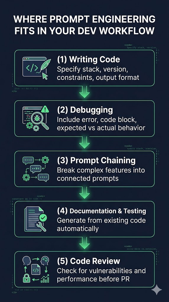 Infographic showing 5 stages where prompt engineering improves a developer's workflow: writing code, debugging, prompt chaining, documentation, and code review