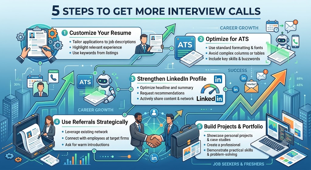 Infographic showing five proven strategies to improve interview opportunities including ATS optimization, LinkedIn, referrals, projects, and resume customization
