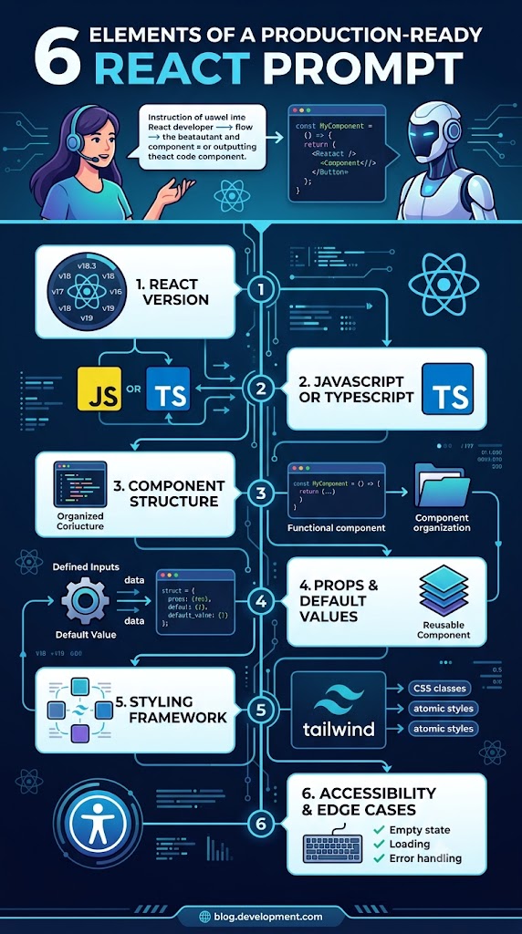 Infographic showing six essential elements required to generate production-ready React components using AI